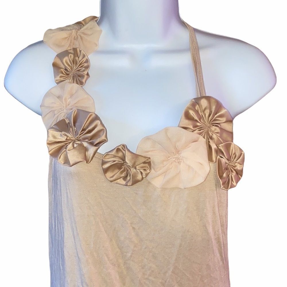 Champagne Rosette Halter Top Beige Satin Floral Embellished Tank S 11767 - Picture 3 of 8
